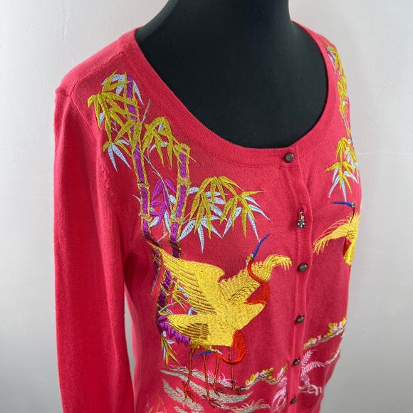Soft Surroundings Pink XS Cardigan Sweater Embroidered Cranes Birds Long Sleeve - Picture 5 of 10
